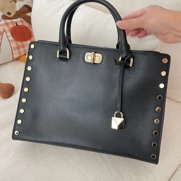 Michael Kors | Bags | Michael Kors Sylvie Gold Stud Large  Michael Kors Tan and Black Satchel with Gold Studs main image 0
